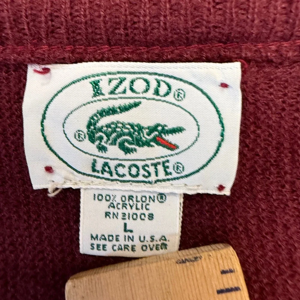 Vintage Izod Lacoste Mens V-Neck Sweater Burgundy Orlon Acrylic Large USA Made